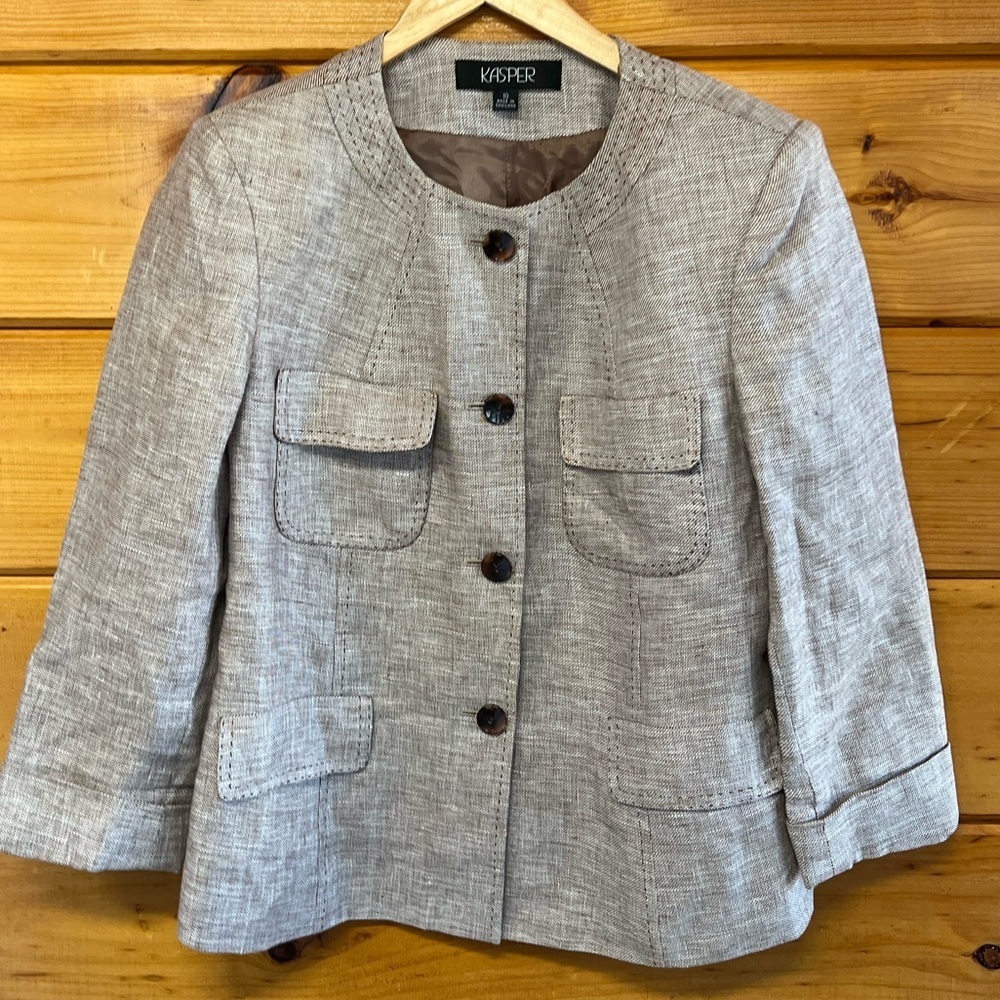 Kasper Women’s Brown Tweed Lined 4 Pockets Linen Longsleeve Jacket 10 - Picture 2 of 7